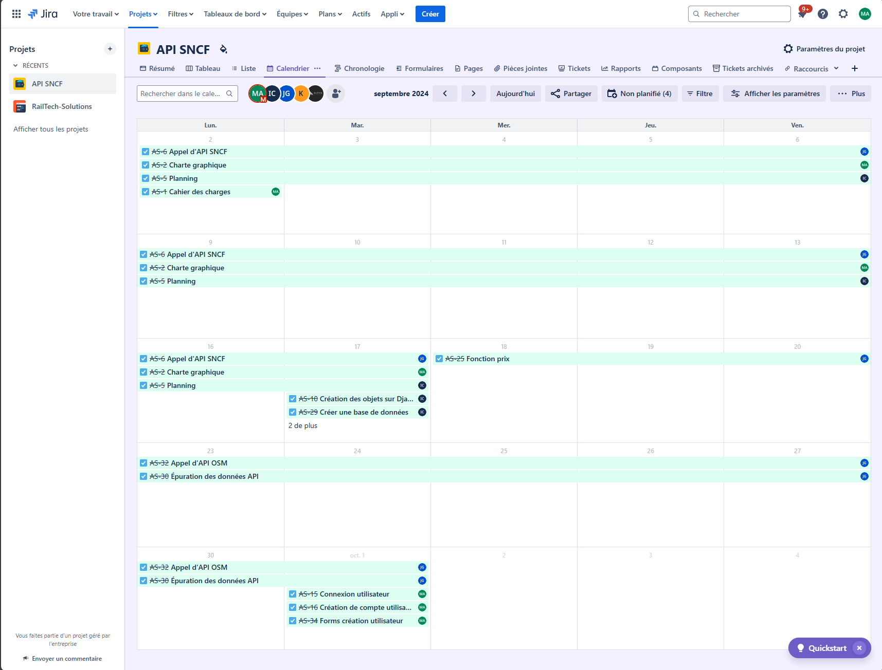 Calendrier des tâches du projet RailTrip