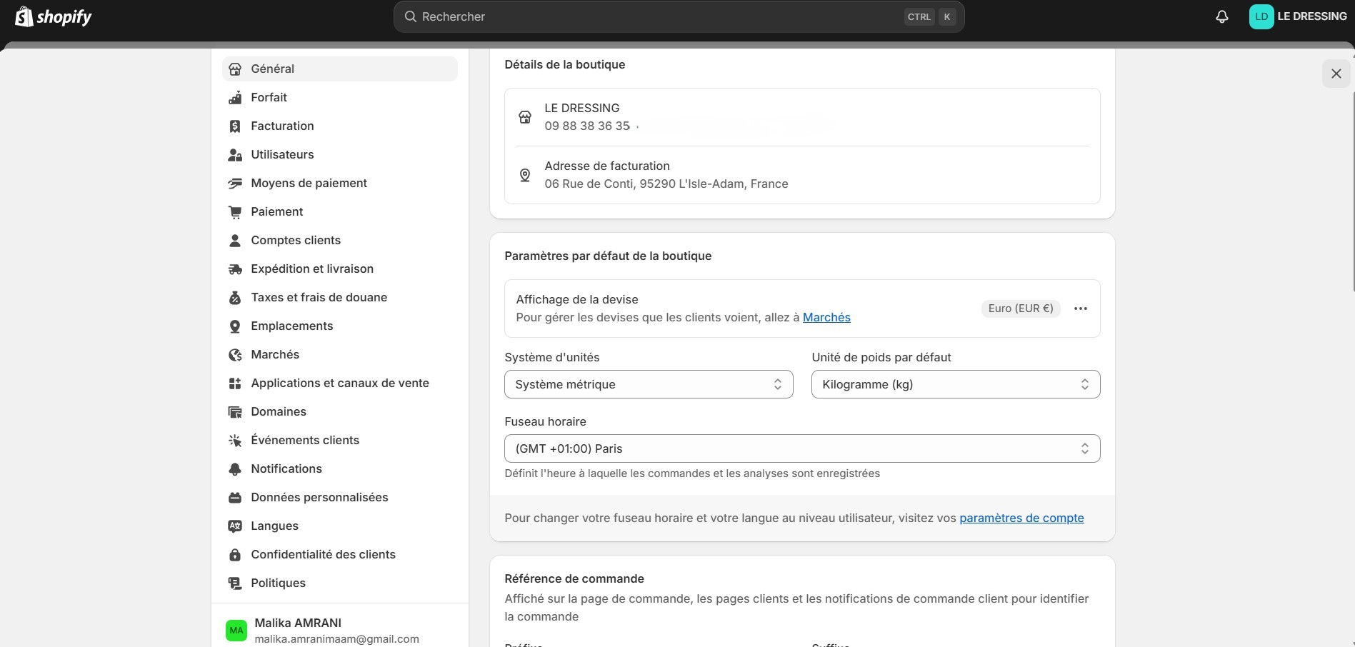 Configuration sous shopify